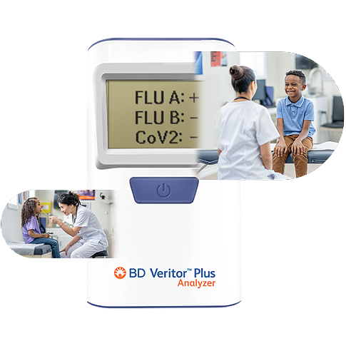 BD Veritor™ Plus Analyzer device shown with two inset images of doctor/patient and family