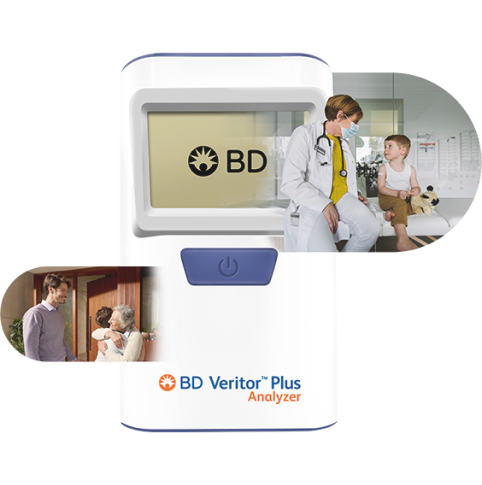 BD Veritor™ Plus Analyzer device shown with two inset images of doctor/patient and family