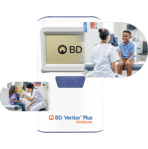 BD Veritor™ Plus Analyzer device shown with two inset images of doctor/patient and family