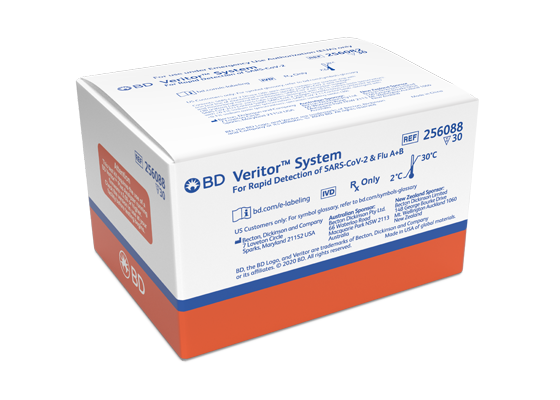 White and orange packing box with blue lettering for BD Veritor™ Plus System for Rapid Detection of SARS-CoV-2 & Flu A+B test