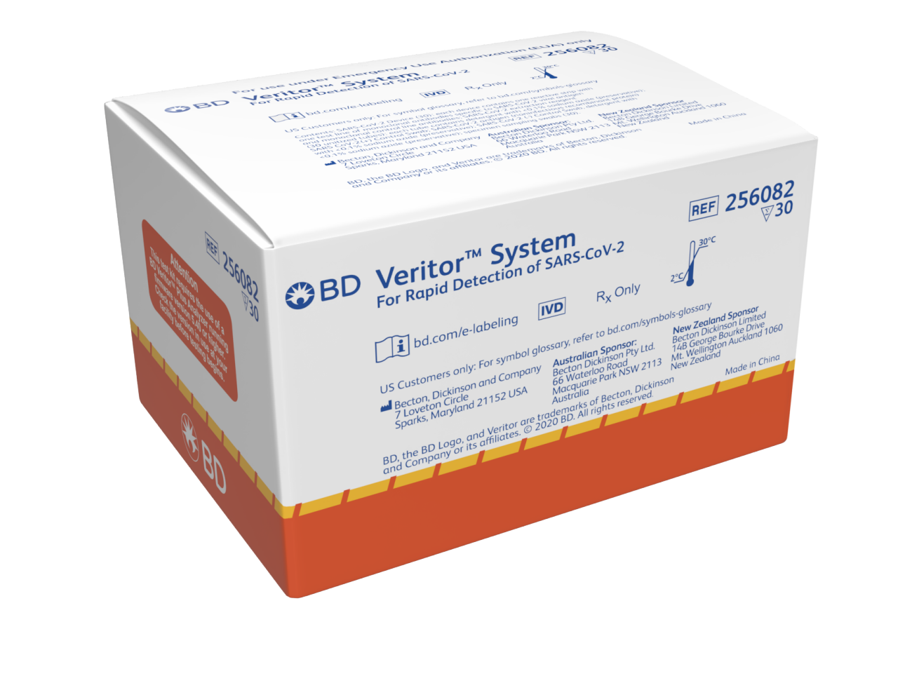 White and orange packing box with blue lettering for BD Veritor™ Plus System for Rapid Detection of SARS-CoV-2 & Flu A+B test