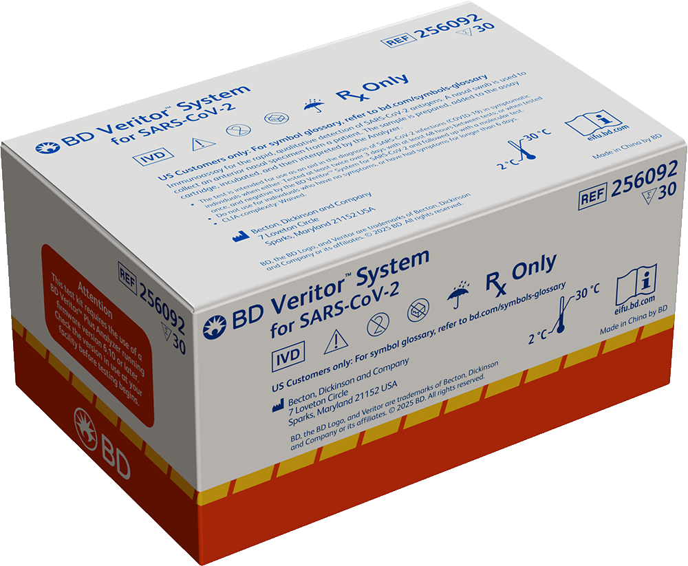 White and orange packing box with blue lettering for BD Veritor™ Plus System for Rapid Detection of SARS-CoV-2 & Flu A+B test