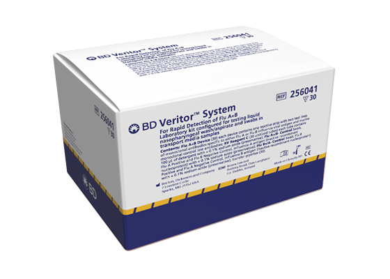 White and orange packing box with blue lettering for BD Veritor™ Plus System for Rapid Detection of SARS-CoV-2 & Flu A+B test