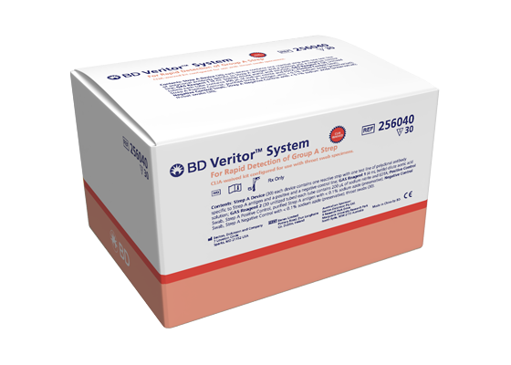 White and orange packing box with blue lettering for BD Veritor™ Plus System for Rapid Detection of SARS-CoV-2 & Flu A+B test