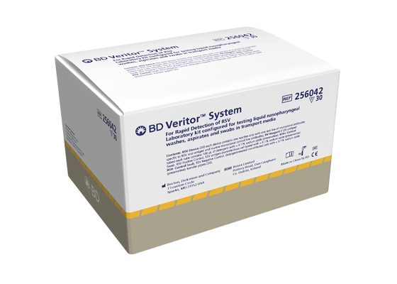 White and orange packing box with blue lettering for BD Veritor™ Plus System for Rapid Detection of SARS-CoV-2 & Flu A+B test